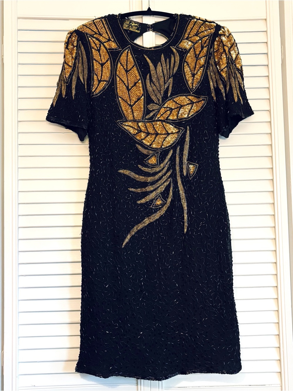 VTG Eve's Allure 100% Silk Beaded Sequin Dress Black Gold Leaf Art Deco 80s